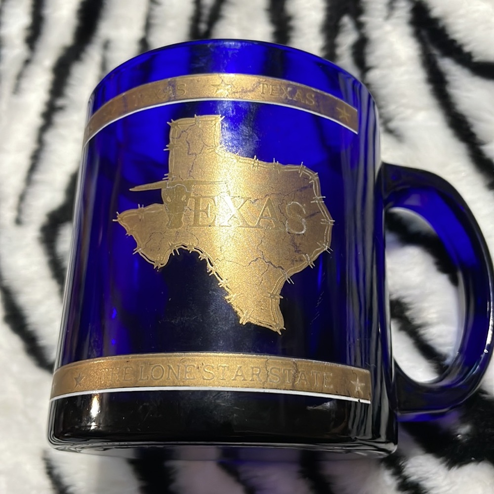 ACI Cobalt Blue Glass Gold Trimmed Texas State Mug